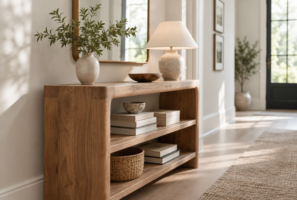 A sculpted solid wood console table with shelves in a bright hallway with a mirror and lamp