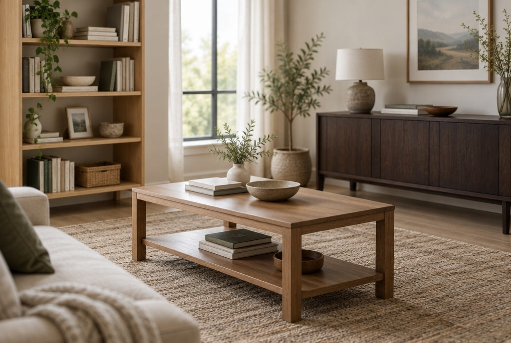 A living room mixing a light wood bookshelf, a medium-tone coffee table and a dark wood console on a rug