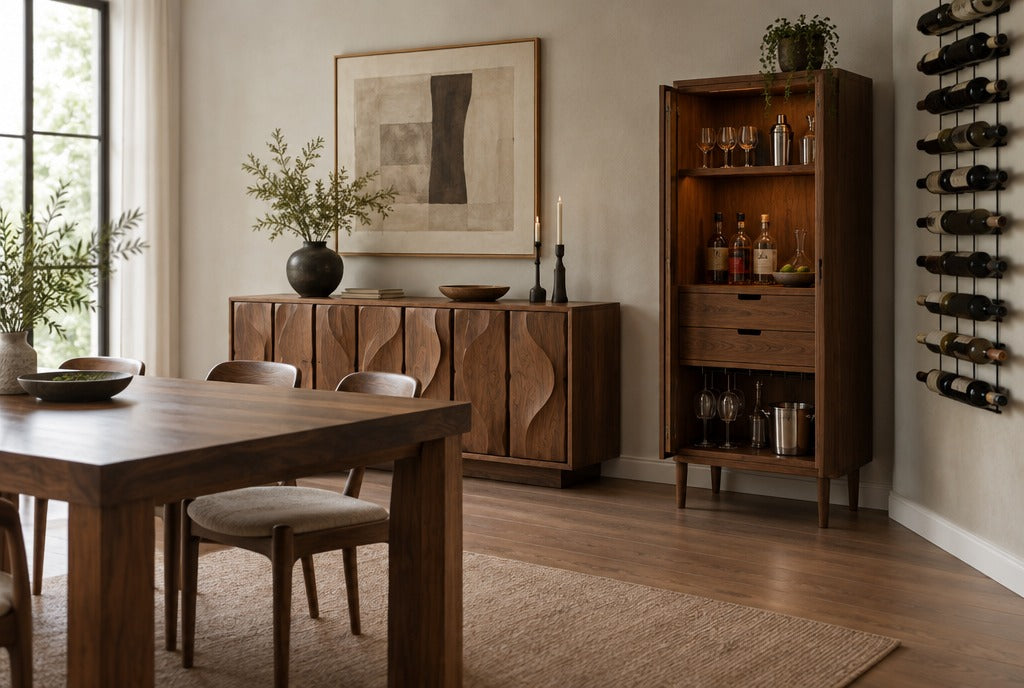 A dining room with a sculpted solid wood sideboard, a bar cabinet and a wall wine rack