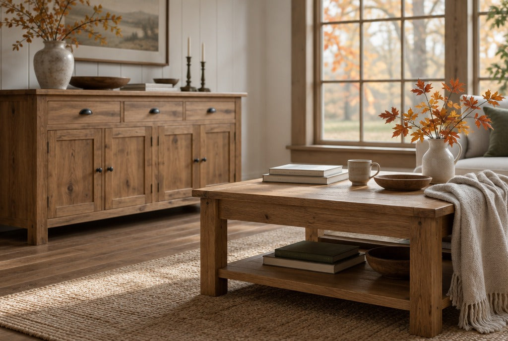 A solid wood sideboard and coffee table in a farmhouse room with autumn leaves outside and a soft cloth