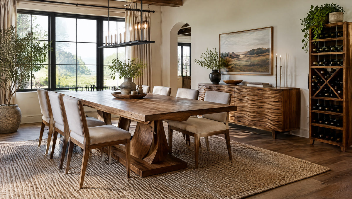 A farmhouse dining room with a solid wood table, a wave-carved sideboard and a wine rack