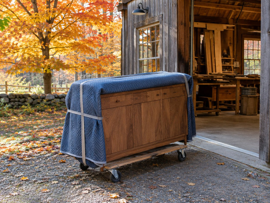 A blanket-wrapped solid wood sideboard at the door of a country workshop in autumn