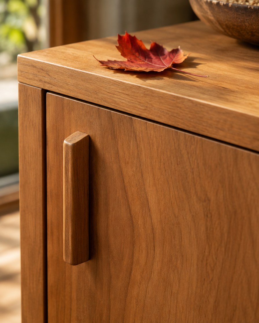 A solid wood cabinet door with smooth grain and a red maple leaf on top