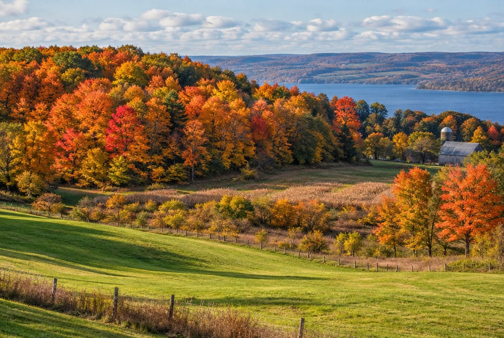 Rolling farmland and a ridge of sugar maples in autumn color in the Finger Lakes